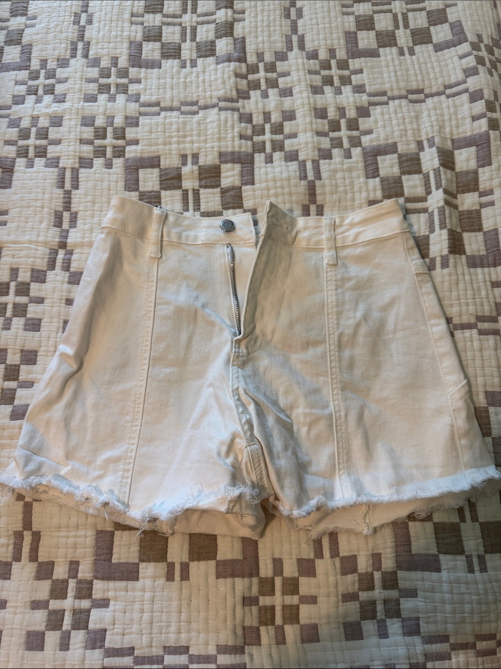 High-Rise Cream Denim Frayed Hem Shorts
